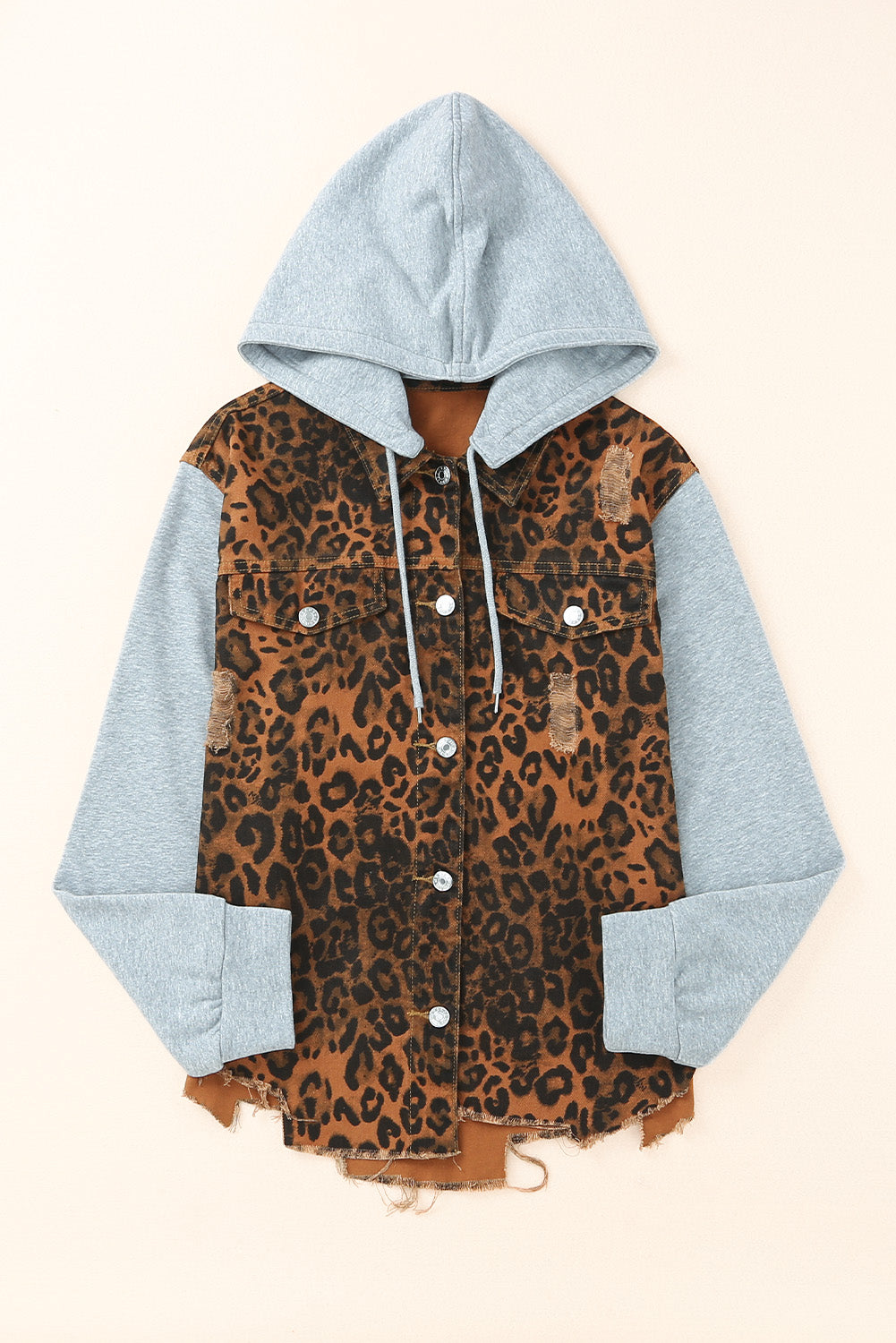 Cheetah Patchwork Ripped Raw Hem Jacket