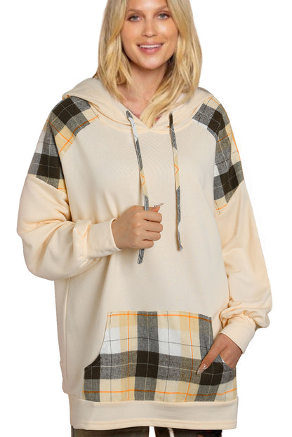 Khaki Plaid Patchwork Kangaroo Pocket Oversized Hoodie