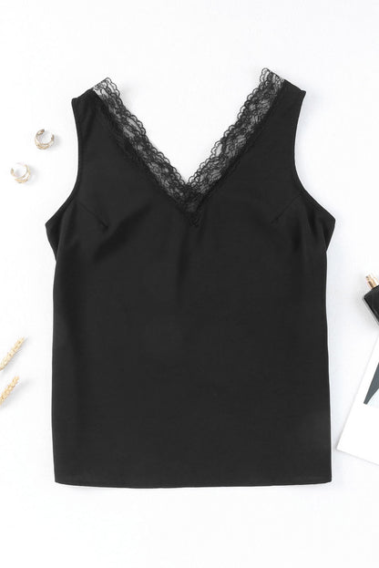 Black V Neck Lace Splicing Casual Open Back Sleeveless Shirt