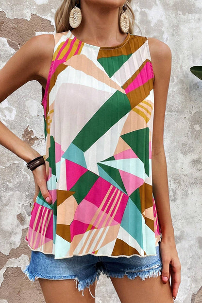 Multicolor Boho Geometric Print Keyhole Back Sleeveless Shirt