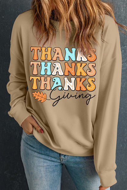 Khaki THANKS giving Leave Printed Drop Shoulder Sweatshirt