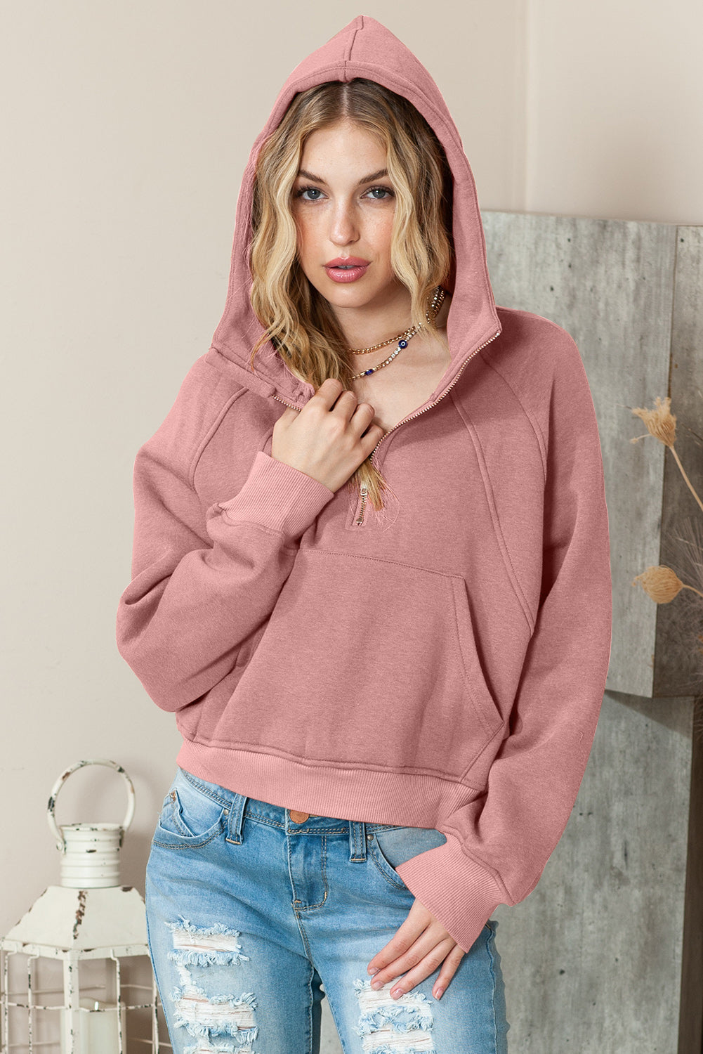 Pink Thumbhole Raglan Sleeve Half Zip Pullover Hoodie