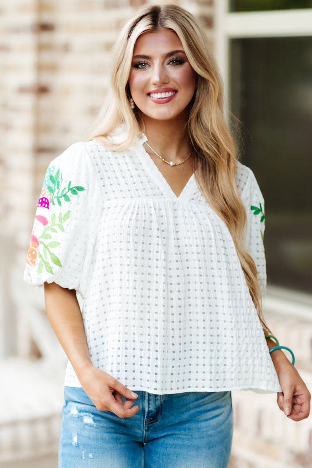 White Floral Embroidered Puff Sleeve Notched Neck Blouse