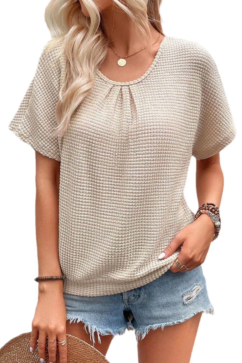 Oatmeal Lace Back Waffle Tee