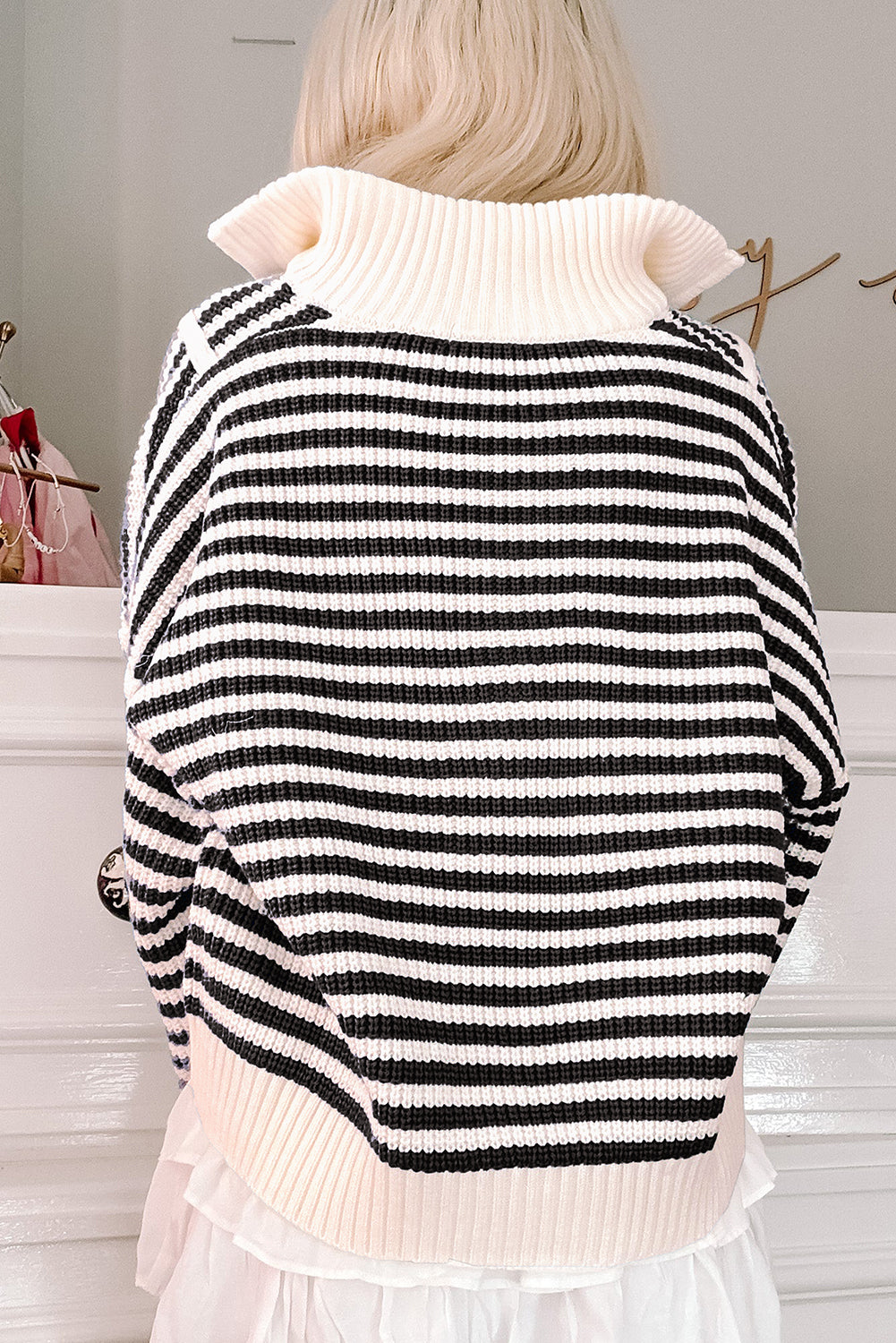 Black Stripe Zip Up Collar Drop Sleeve Sweater