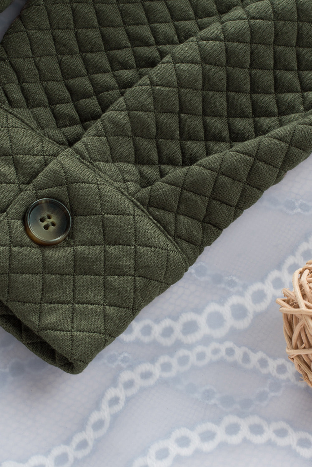 Khaki Lattice Texture Pockets Button Up Quilted Shacket