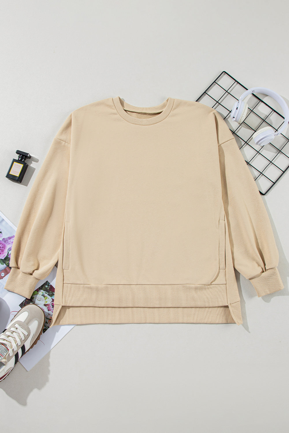 Bonbon Solid O Neck High Low Hem Pullover Sweatshirt