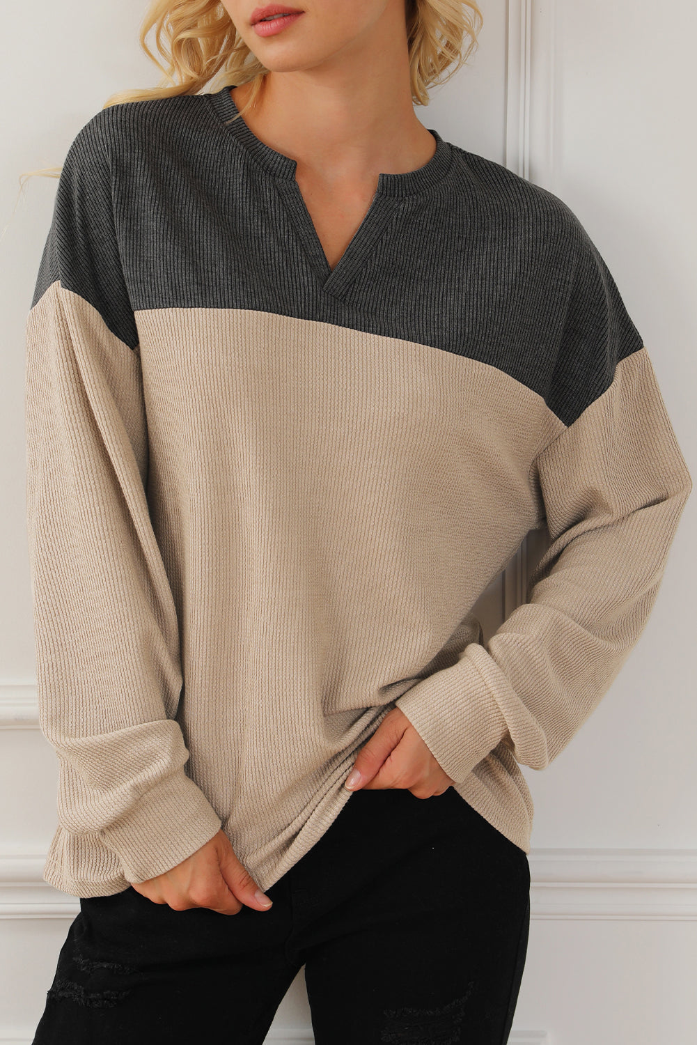 Carbon Grey Patchwork V Neck Corded Sweatshirt