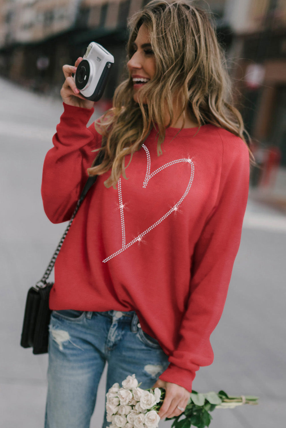 Red Casual Rhinestone Heart Shaped Graphic Sweatshirt