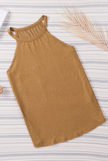 Brown Solid Color Crew Neck Tank Top