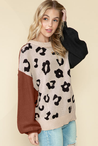 Coffee Leopard Print Patchwork Pullover Sweater