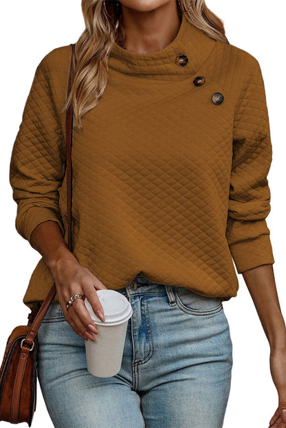 Rose Red Quilted Buttoned Neck Pullover Sweatshirt