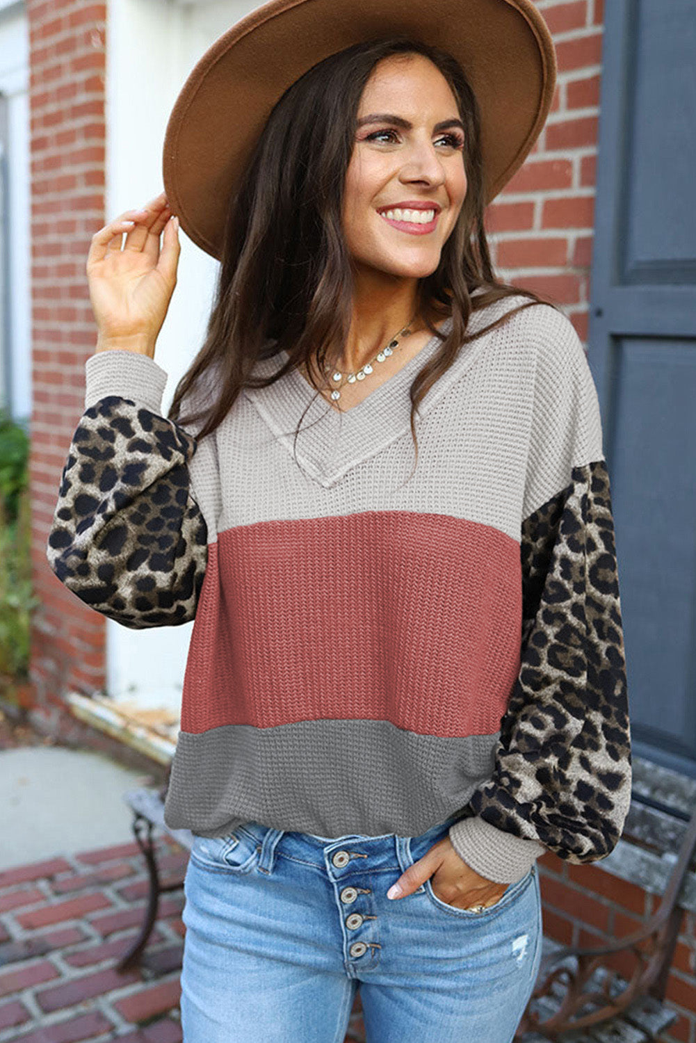 Leopard Print Color Block Waffle Knit Top