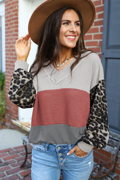 Leopard Print Color Block Waffle Knit Top