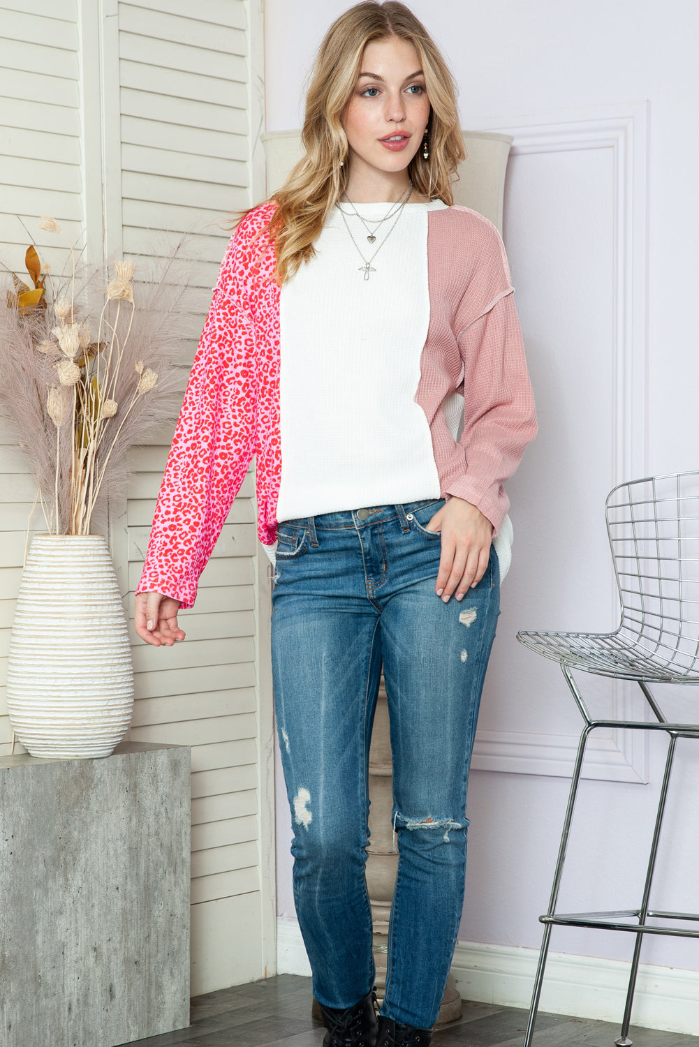 Pink & White Leopard Print Knit Top