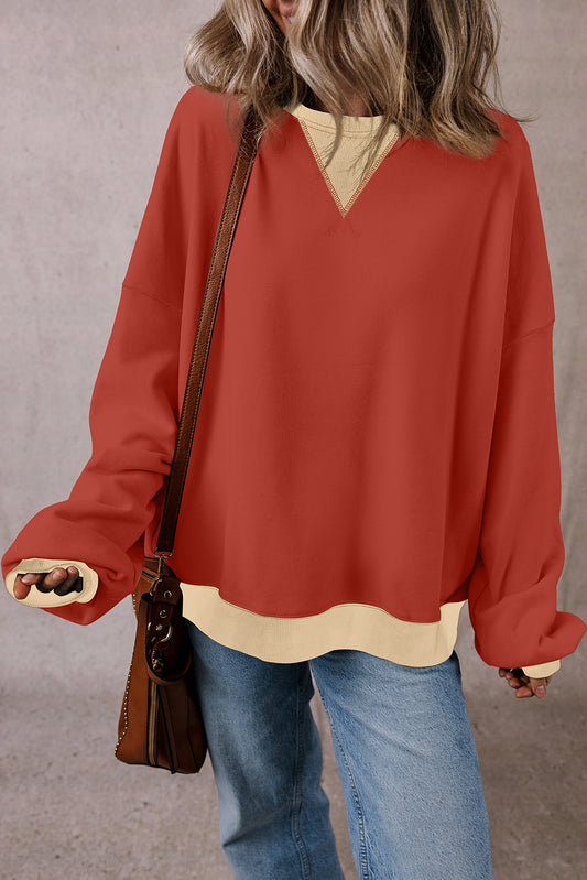 Red Clay Color Block Drop Shoulder Crewneck Oversized Sweatshirt