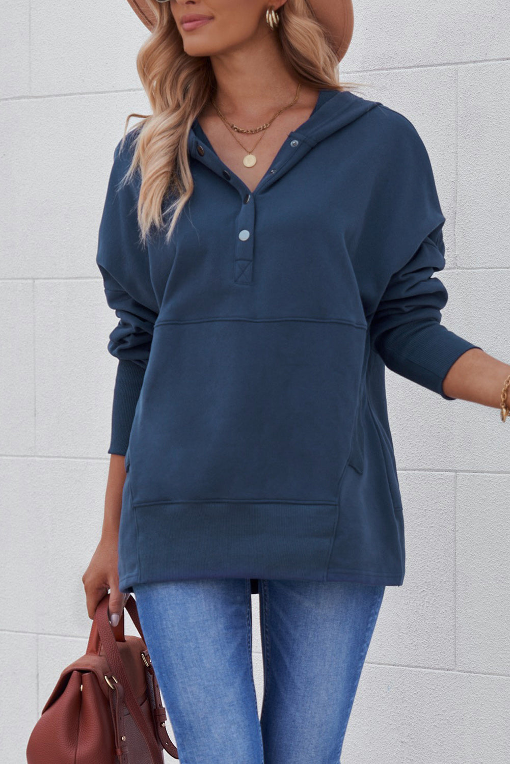 Grey Batwing Sleeve Casual Pocket Henley Hoodie