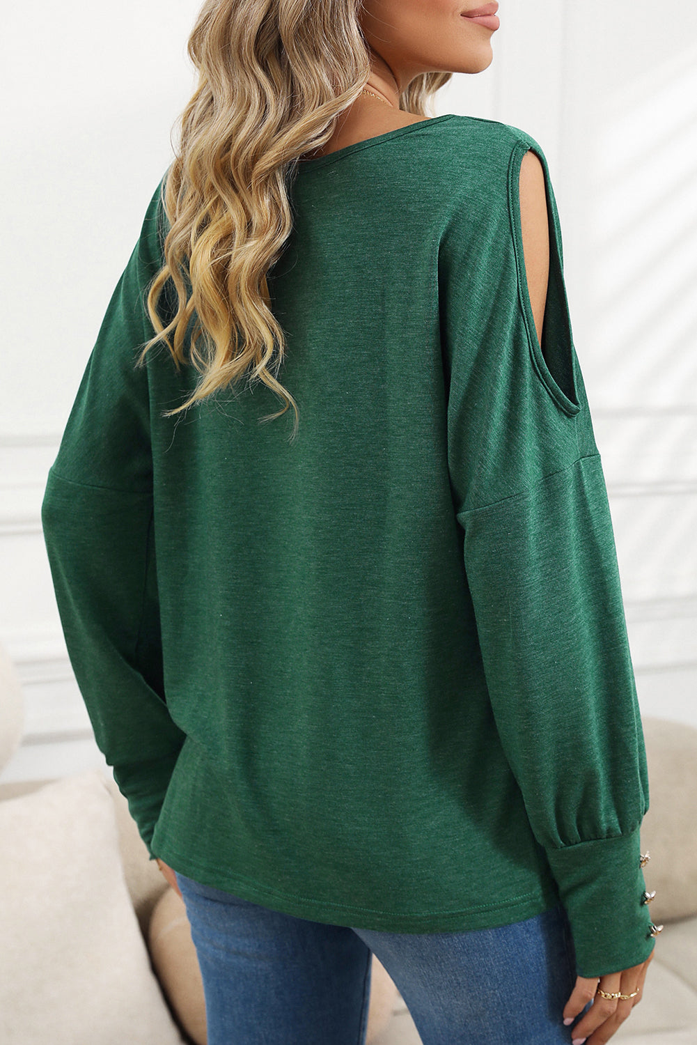 Green Boat Neck Asymmetric Cutout Long Sleeve Top