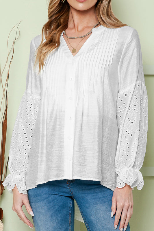 White Casual Eyelet Button Up Blouse for Women