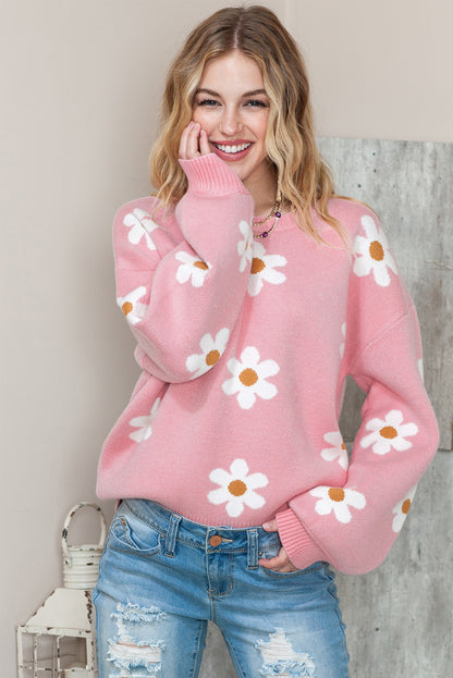 Pink Floral Pattern Drop Shoulder Pullover Knit Sweater