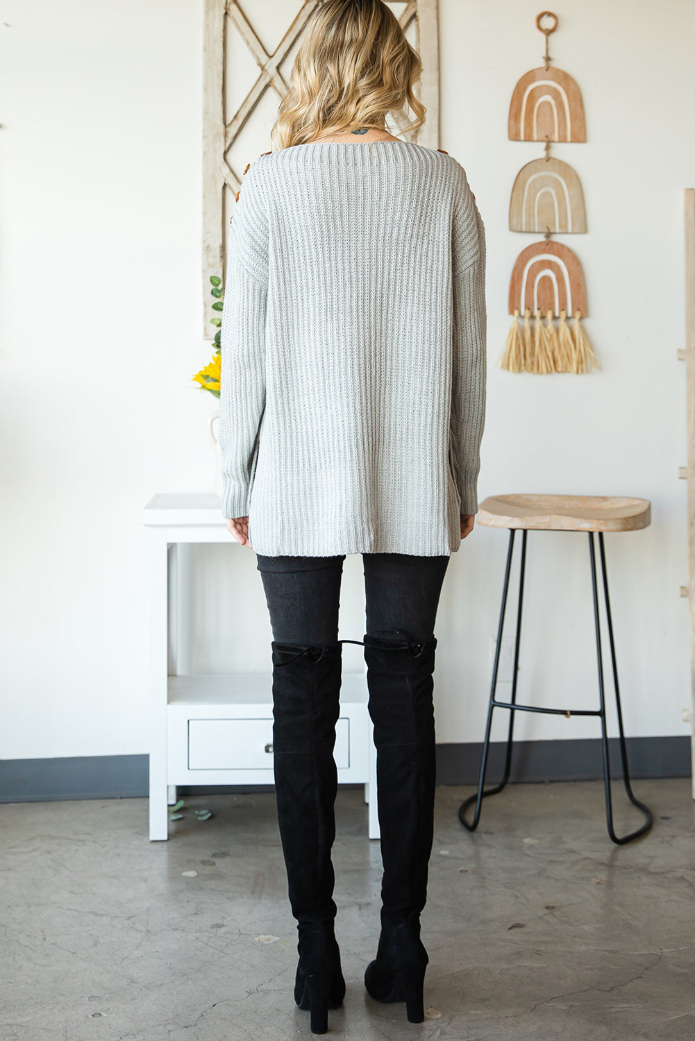 Grey Buttoned Drop Shoulder Oversized Sweater