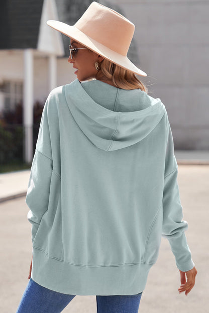 Grey Batwing Sleeve Casual Pocket Henley Hoodie