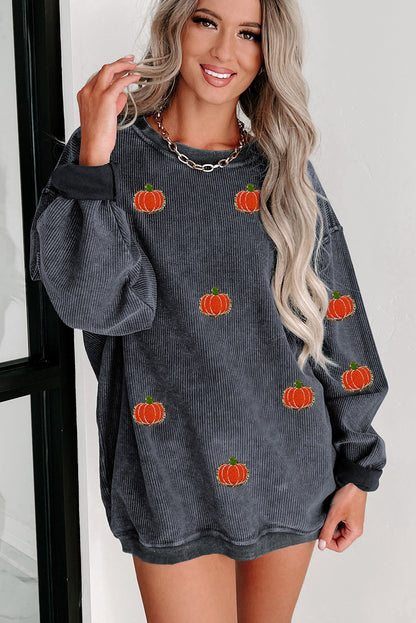 Khaki Crinkle Ribbed Halloween Pumpkin Graphic Sweatshirt