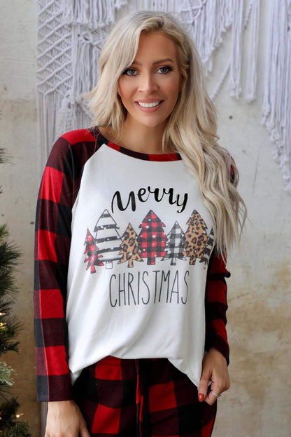 Red Plaid Merry Christmas Casual Top Pants Loungewear Set