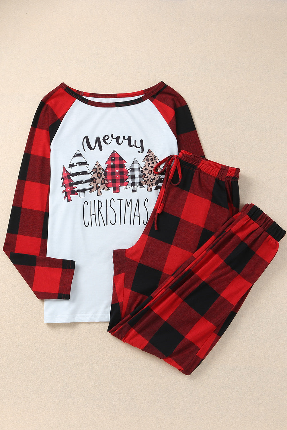 Red Plaid Merry Christmas Casual Top Pants Loungewear Set