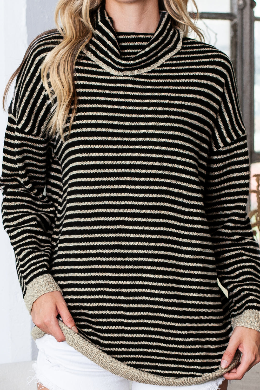 Gray Striped Turtleneck Oversized Sweater