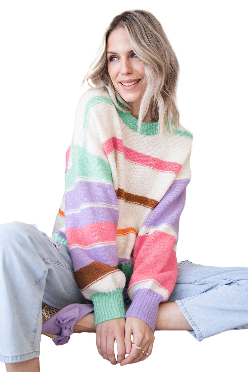 Multicolor Striped Drop Shoulder Crew Neck Sweater