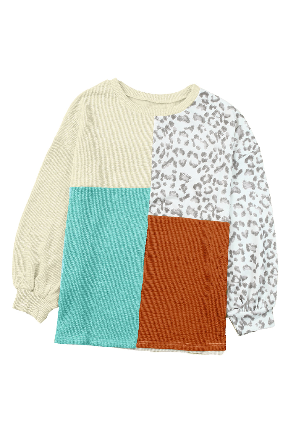 Rosy Leopard Patchwork Color Block Ribbed Long Sleeve Top