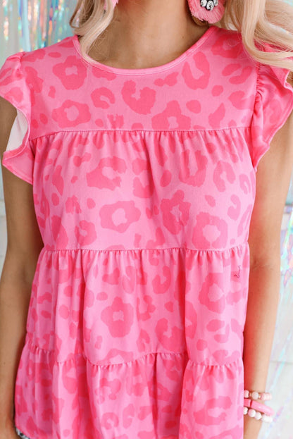 Pink Leopard Print Ruffled Sleeveless Tiered Boho Top