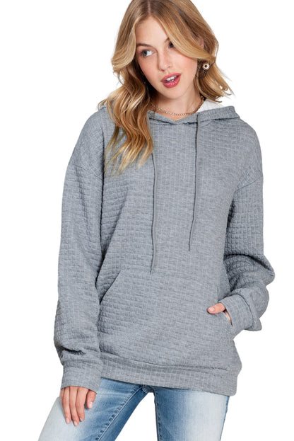 White Lattice Textured Kangaroo Pocket Hoodie