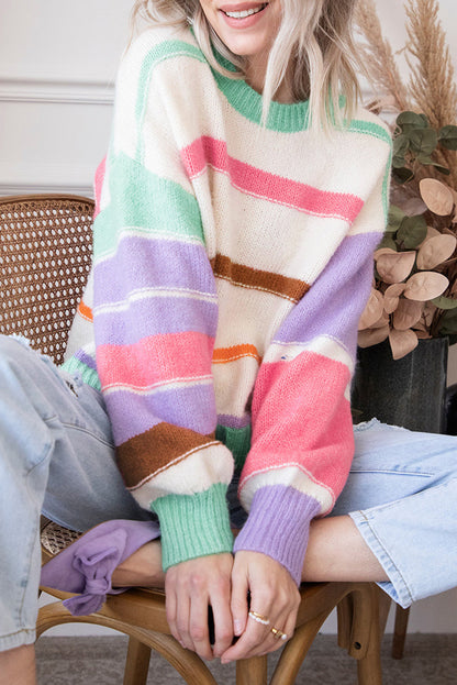 Multicolor Striped Drop Shoulder Crew Neck Sweater