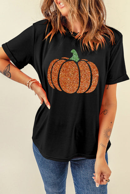 Black Halloween Glittering Pumpkin Graphic T Shirt