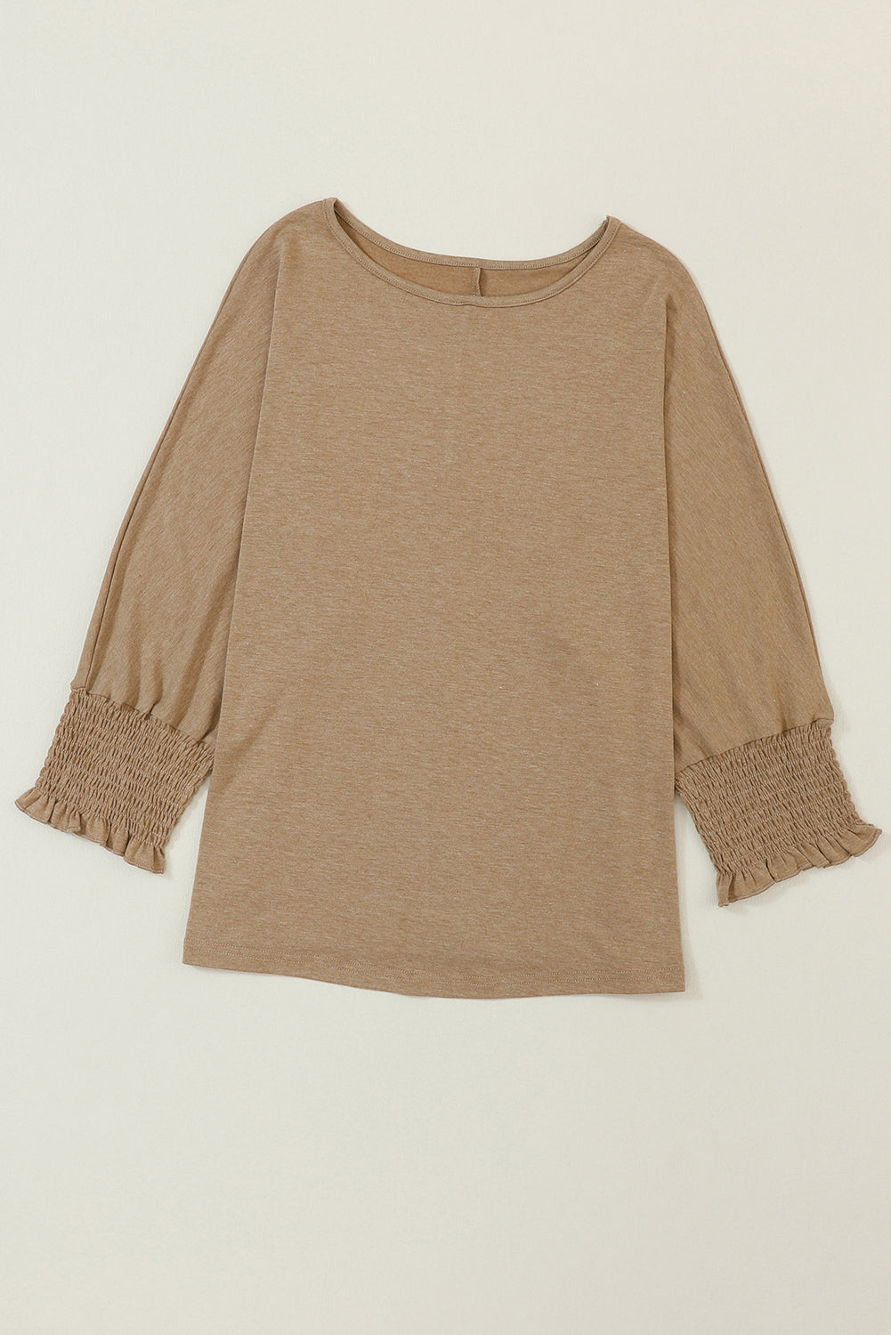 Green Plain Smocked Sleeve Casual Loose T Shirt