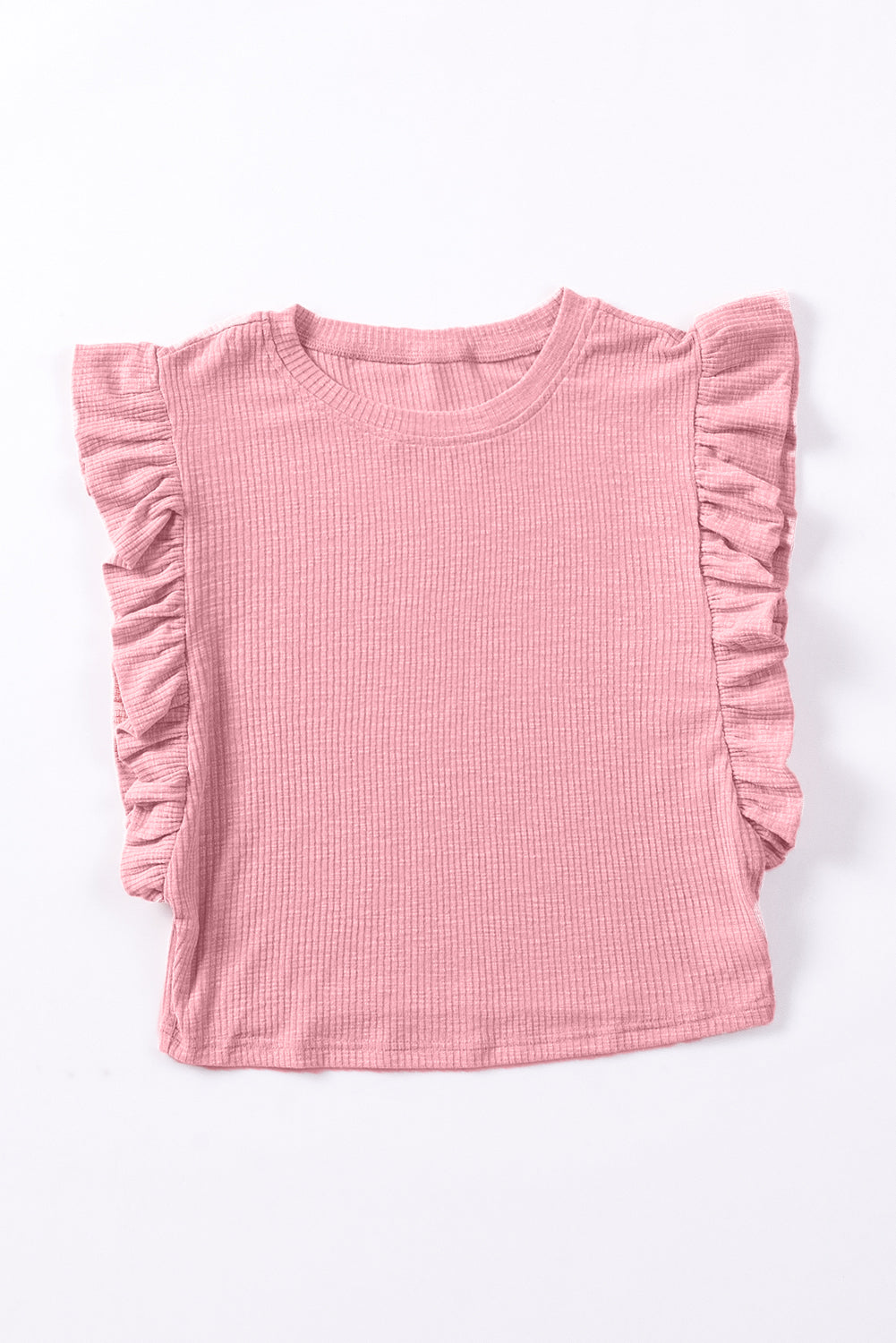 Pink Ruffle Sleeve Crewneck Ribbed Crop Top