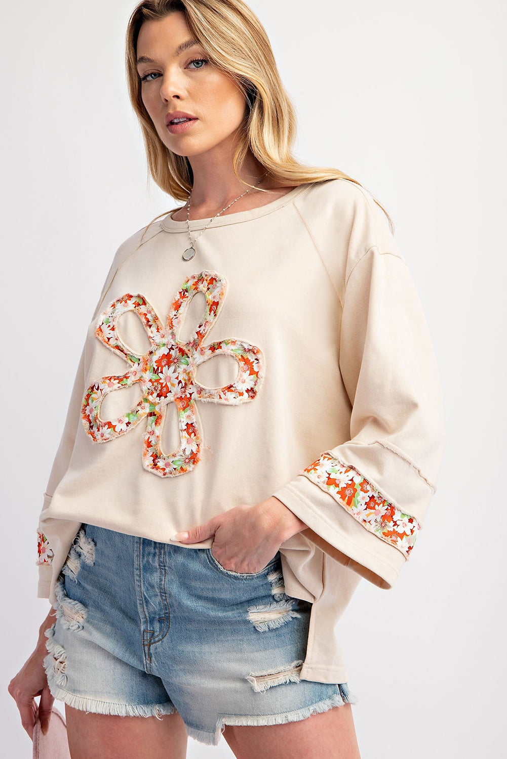 Beige Flower Exposed Seam Patchwork Loose Top