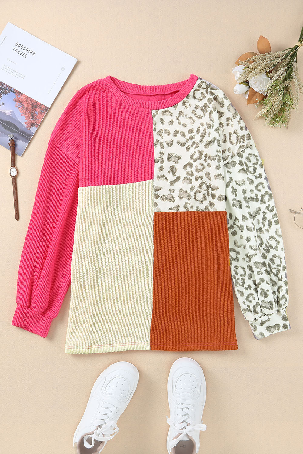 Rosy Leopard Patchwork Color Block Ribbed Long Sleeve Top