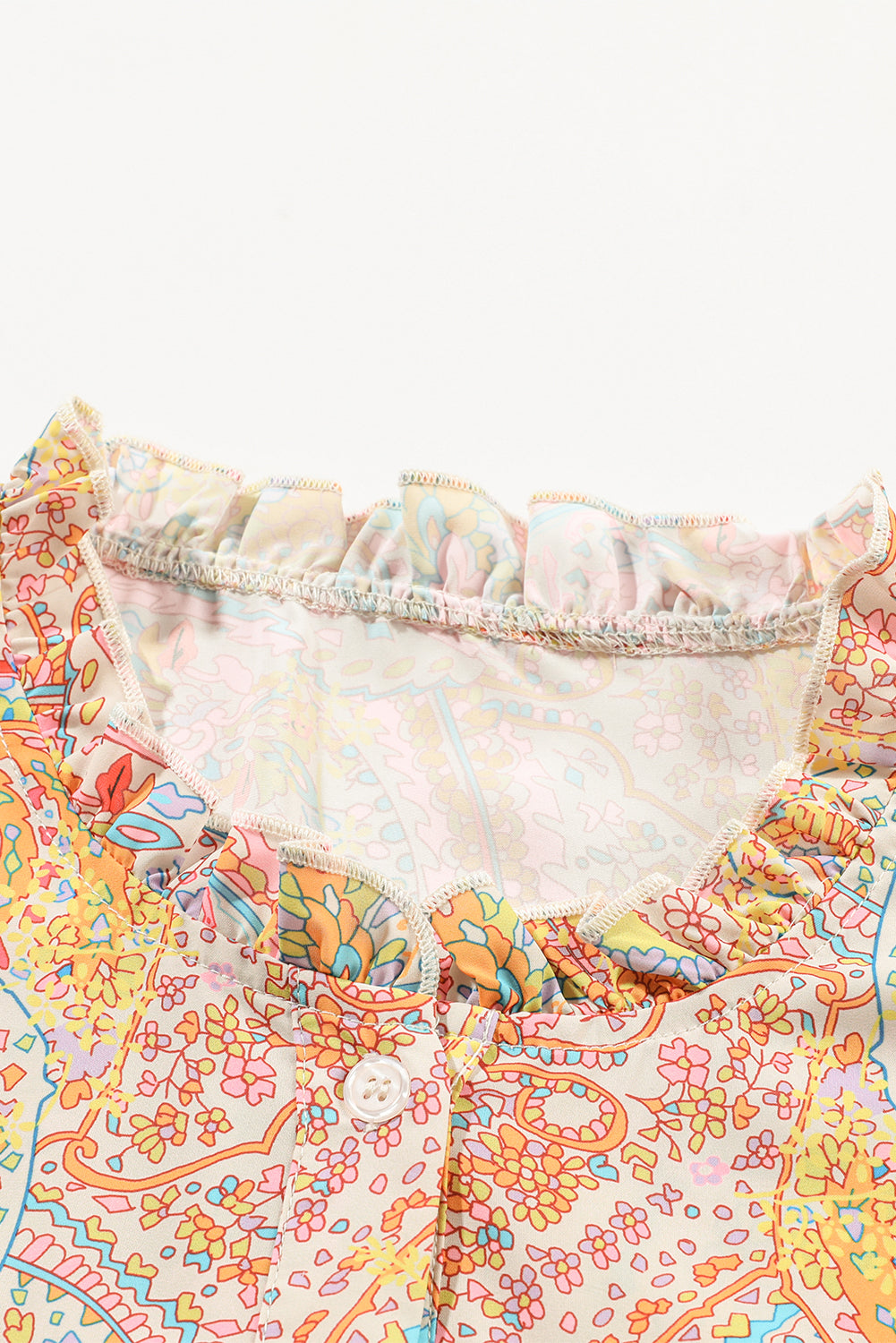 Yellow Paisley Print Ruffled Trim Button Up Boho Blouse