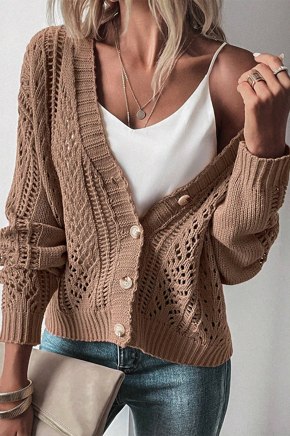 Green Hollow Knit Drop Shoulder Cardigan