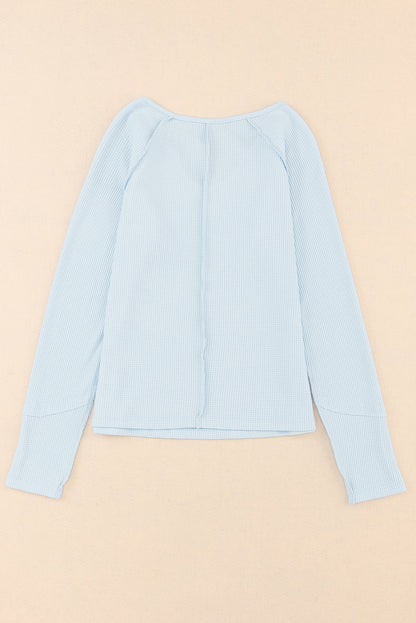 Sky Blue Mineral Wash Long Sleeve Waffle Knit Top