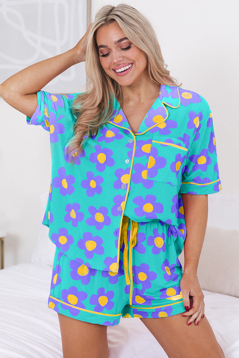 Flower Print Shirt and Drawstring Waist Pajama Set