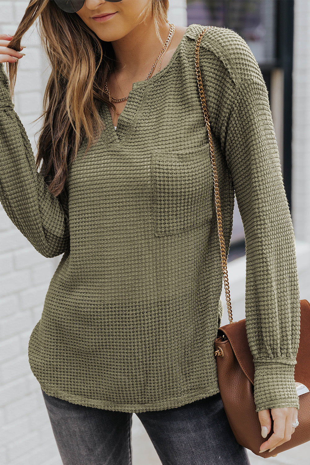 Green Waffle Knit Split V-Neck Top