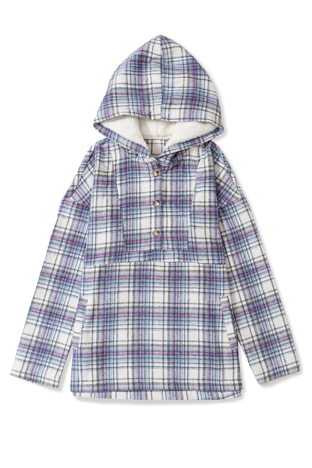 Khaki Plaid Button Neck Pocketed Pullover Hoodie