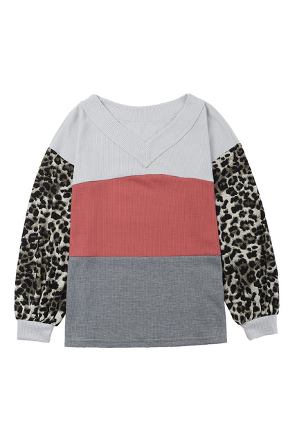 Leopard Print Color Block Waffle Knit Top