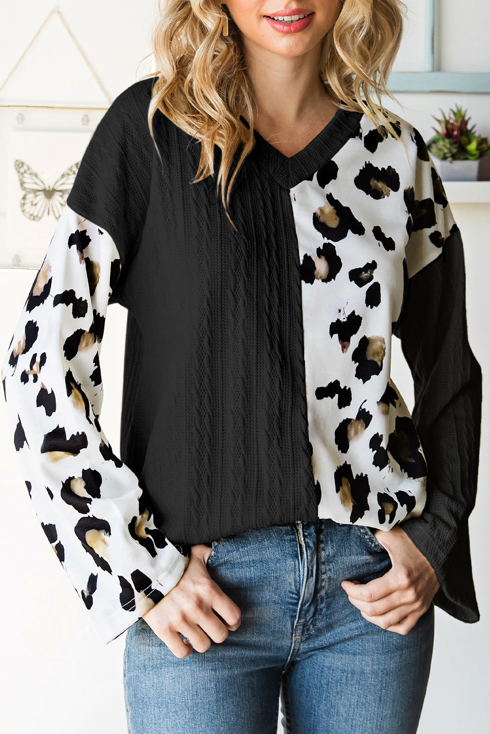 Beige V Neck Leopard Colorblock Patchwork Long Sleeve Top