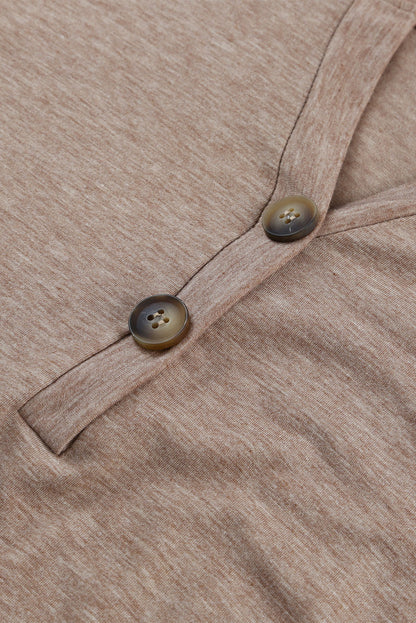 Khaki Button V Neck Short Sleeve Casual T Shirt