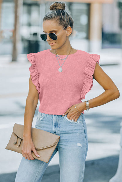 Pink Ruffle Sleeve Crewneck Ribbed Crop Top